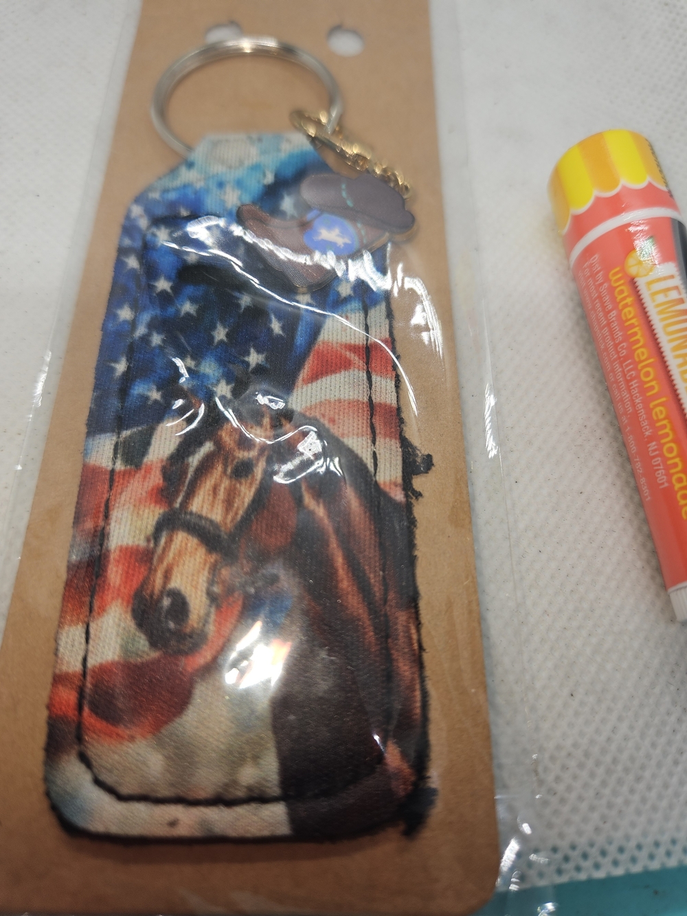 American Flag Horse Fabric Keychain Lip Balm Holder - Blue/Brown